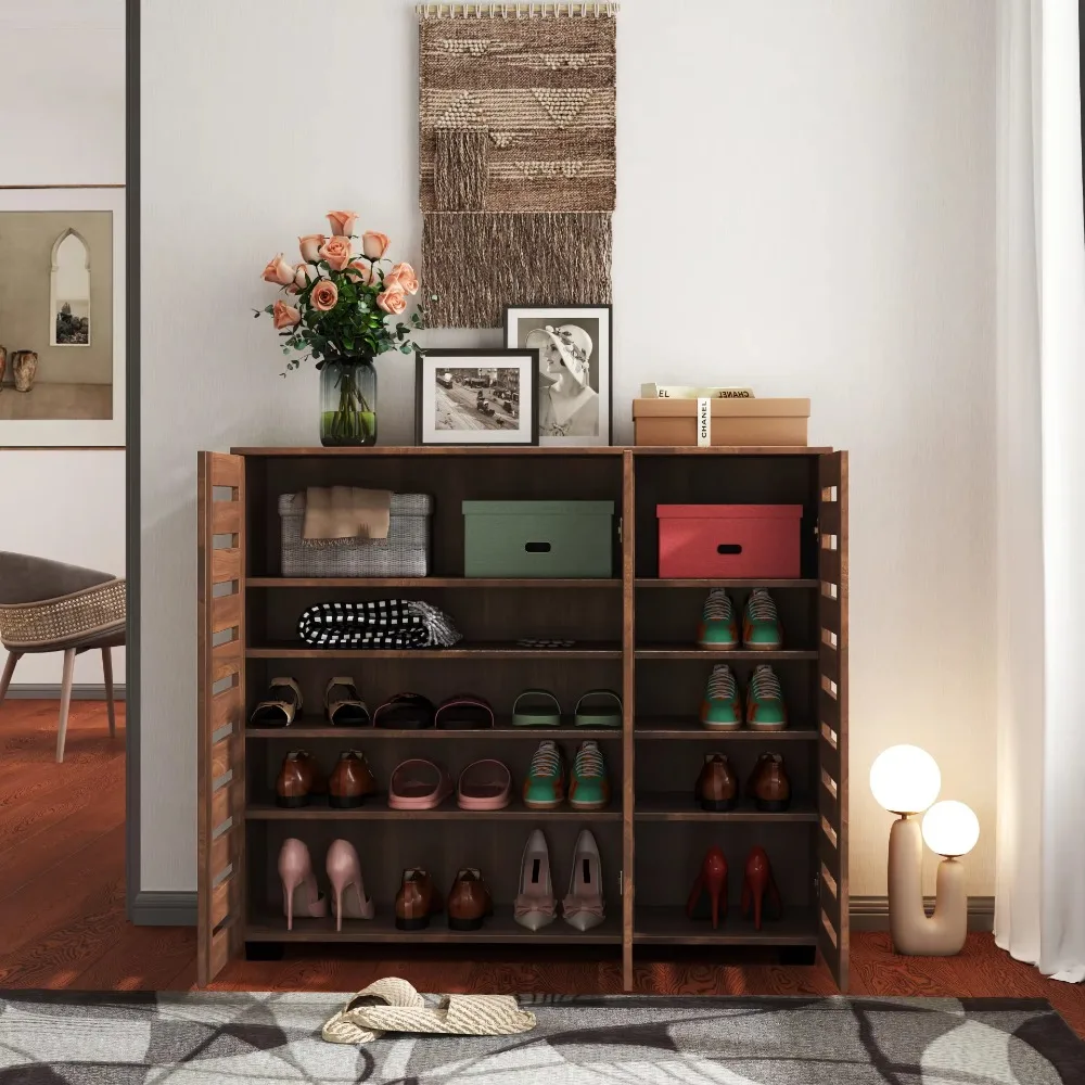 5-Layer Wooden Shoe Cabinet with Adjustable Shelving and Shuttered Doors for Entry, Hallway, Bedroom, Living Room