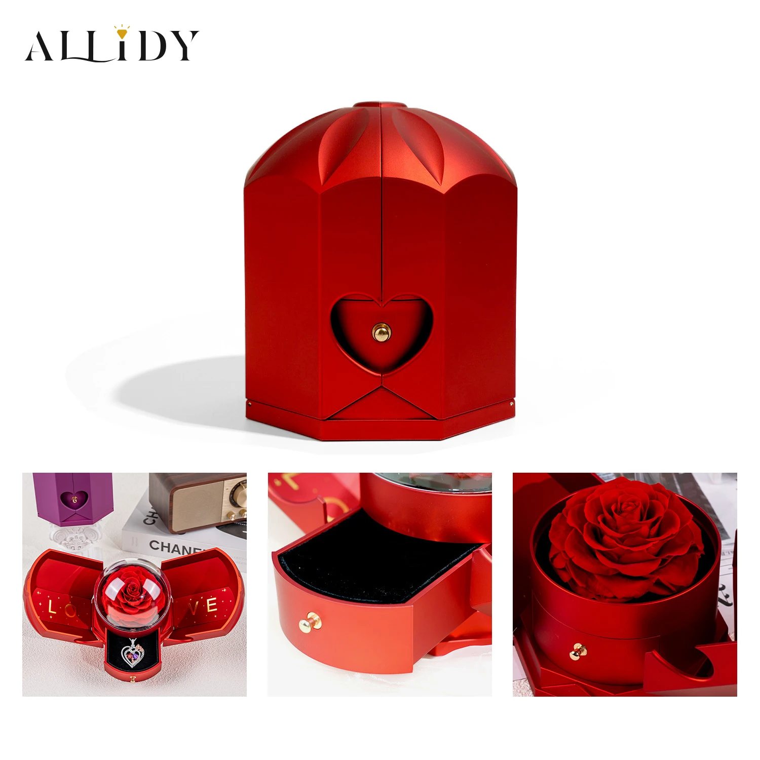 Valentine's Mother's Day Gift Set Rose Matching Color Double Gem Love Pendant Fashion Women's Necklace Rose Jewelry Box Gift Set