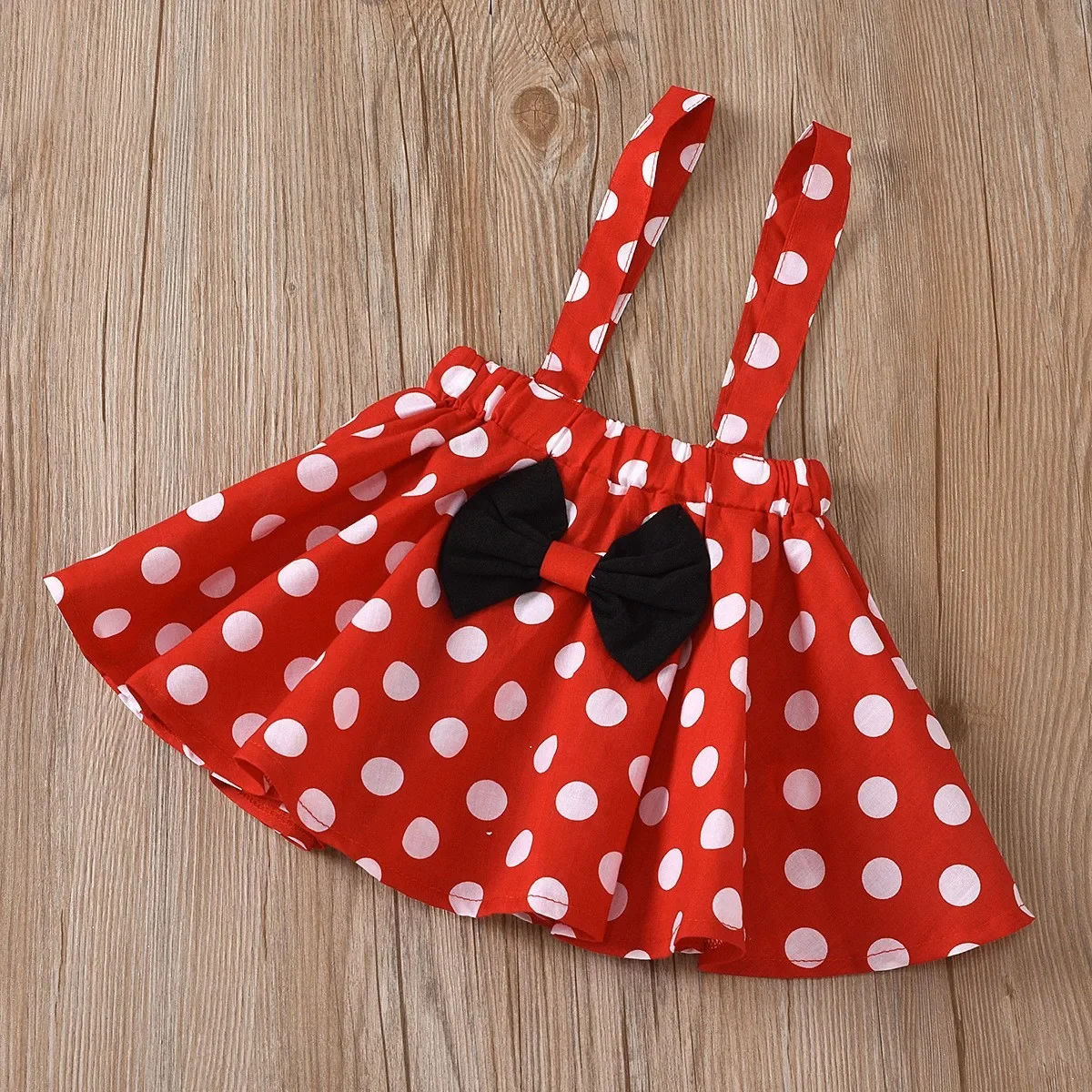 2-Piece Summer New Girls' Suspenders Bow-tie Polka Dot Dress Small Flying Sleeve Polka Dot Pure Black Blouse + Suspenders Skirt