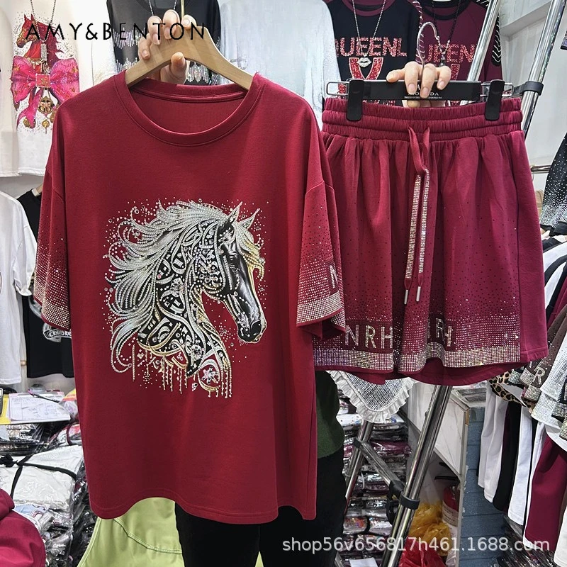 

American Style Heavy Fashion Cartoon Rhinestone Loose Short Sleeves T-shirt Top + Elastic Waist Wide Leg Shorts Two-Piece Sets