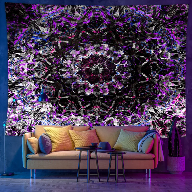 Tapisserie murale Mandala imprimée rétro psychédélique, lampe à lumière noire, réaction fluorescente aux UV, style bohème, décoration intérieure