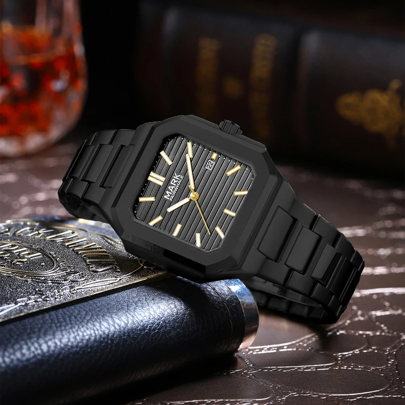 

Mark Fairwhale 2025 Men's Casual Business Watch Luxury Square Dial Quartz Luminous Calendar Stainless Steel