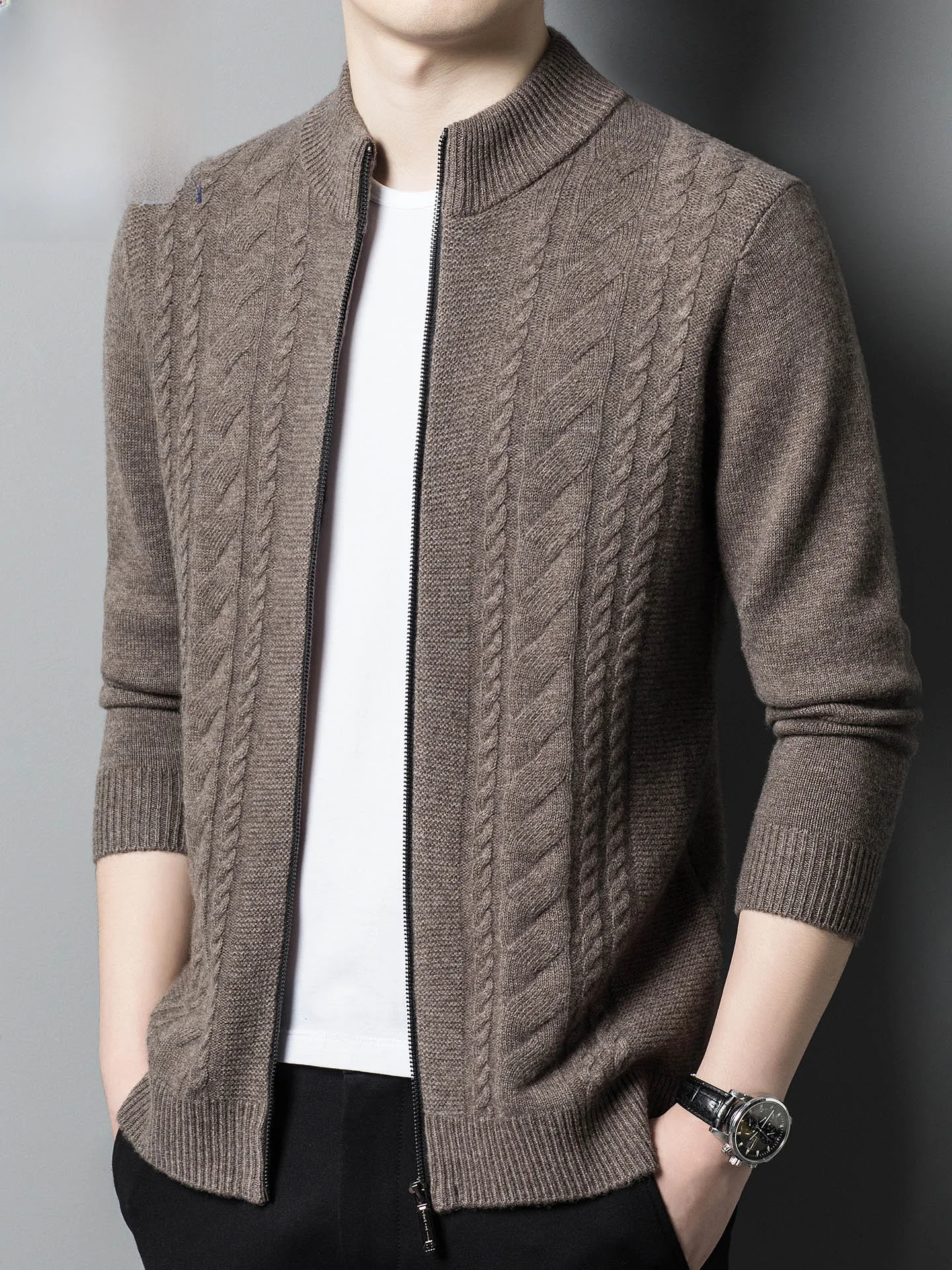 

Мужской шерстяной свитер на молнии премиум-класса, теплый, повседневный, модный, зимний, стандартной длины, с длинными рукавами, круглым вырезом