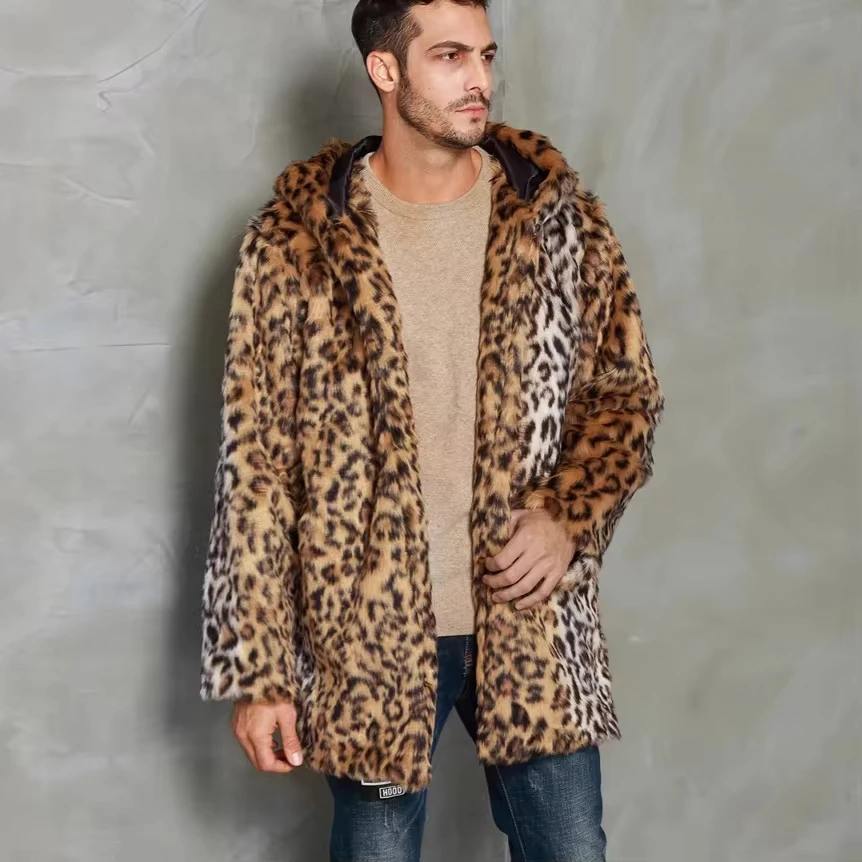 Mens Clothing New Leopard Print Mens Hat Throwing Plush New Fur Coat Autumn and Winter