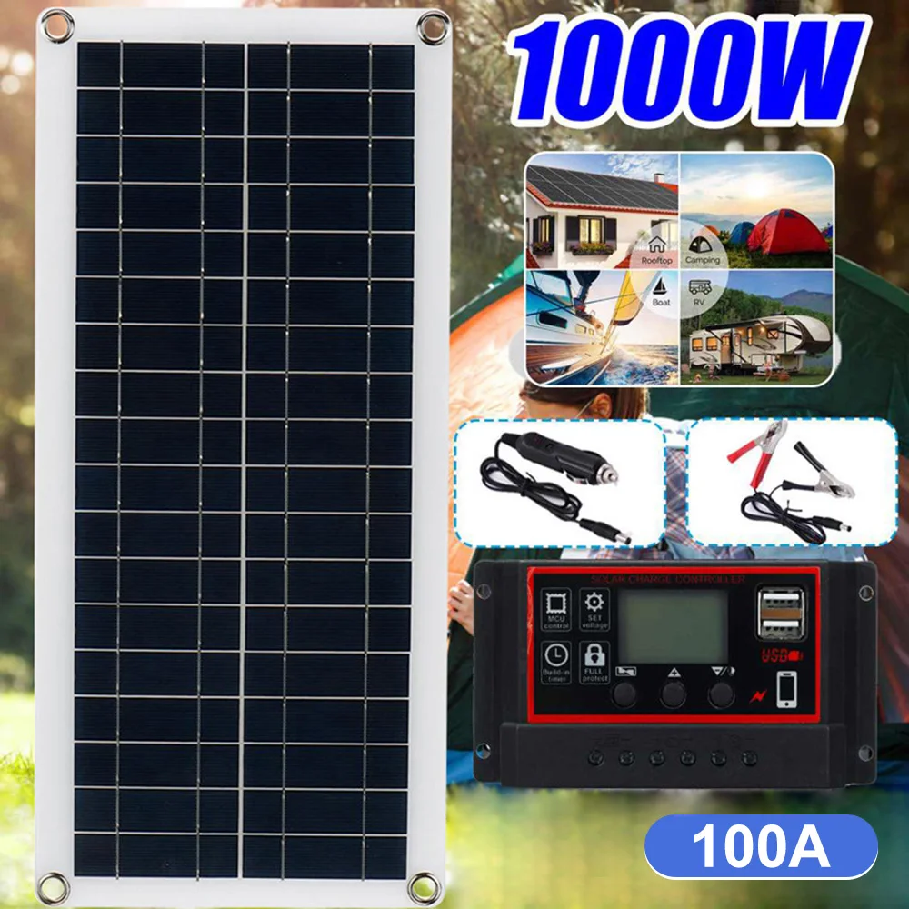 1000W Solar Panel 12V Solar Cell 100A Controller Solar Plate Kit For Phone RV Car Caravan Home Camping Outdoor Battery