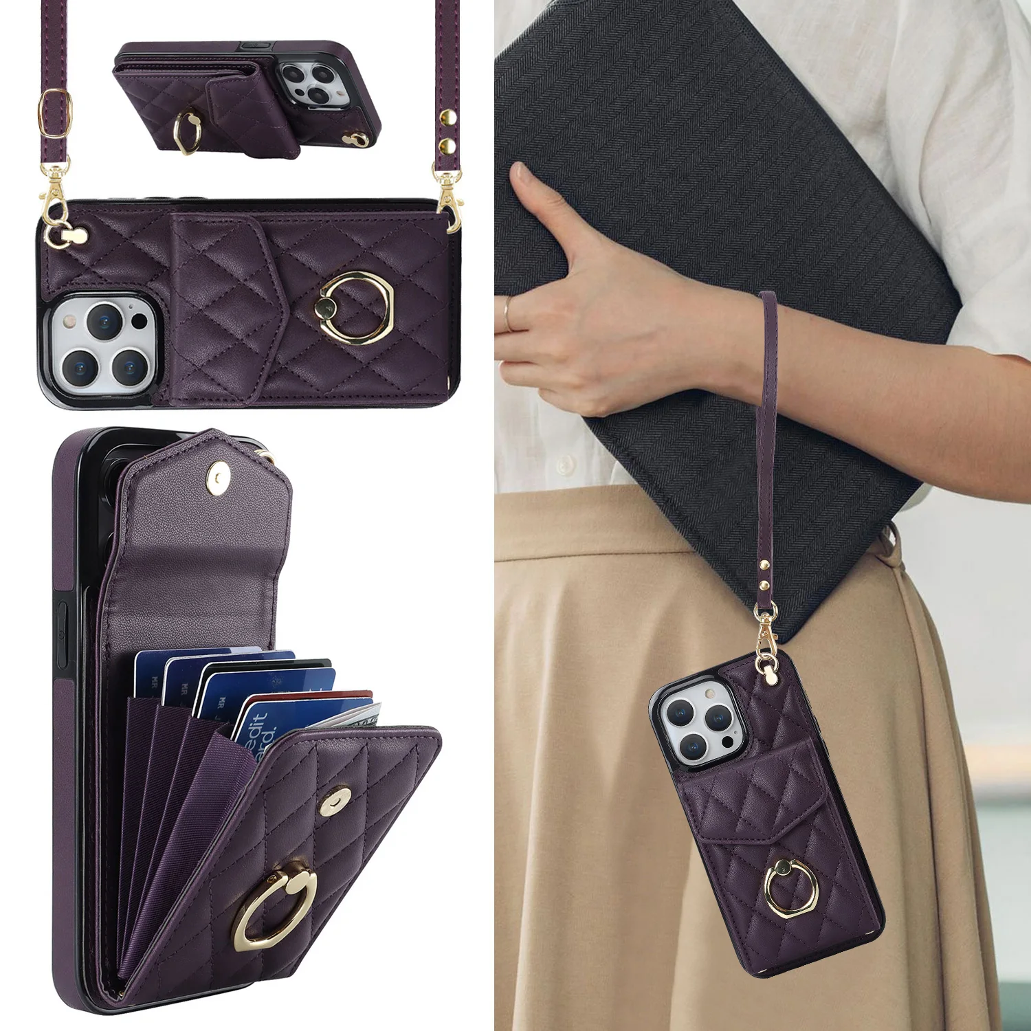 

Wallet Case for iPhone 13 14 15 Pro Max RFID Blocking, Purse Flip Card Pouch Cover Crossbody Bag with Handstrap Shoulder Strap