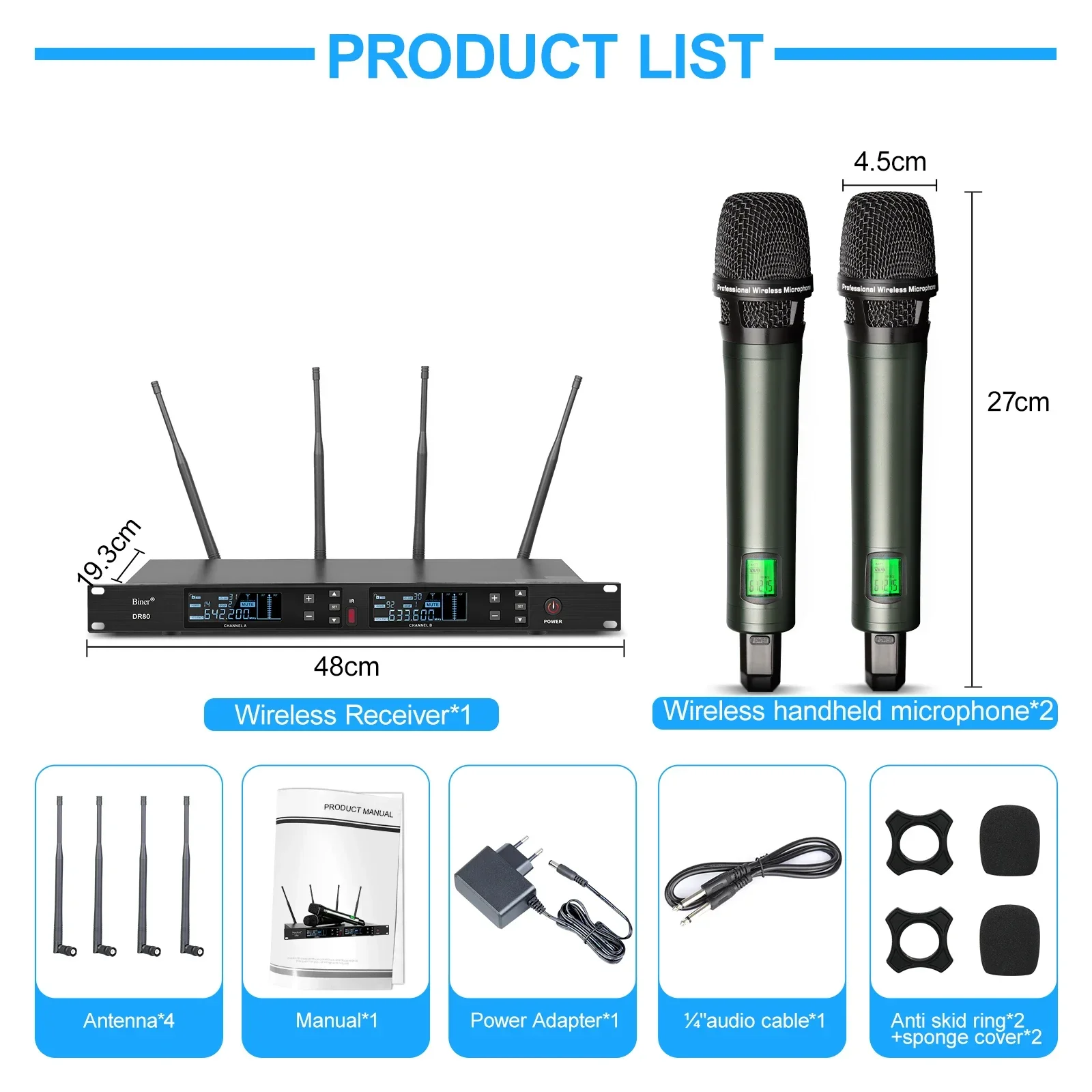 

Biner Professional DR80 2 Channel UHF Wireless Handheld Microphone For Stage Performance Karaoke