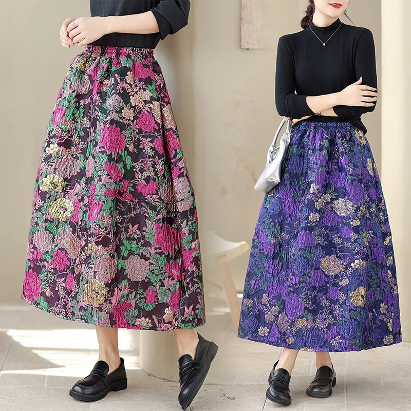 

Autumn Winter Embossed Floral Half Skirt High Waist Elastic Waist Flower Bud Women's Skirt Casual Style Polyester Fiber