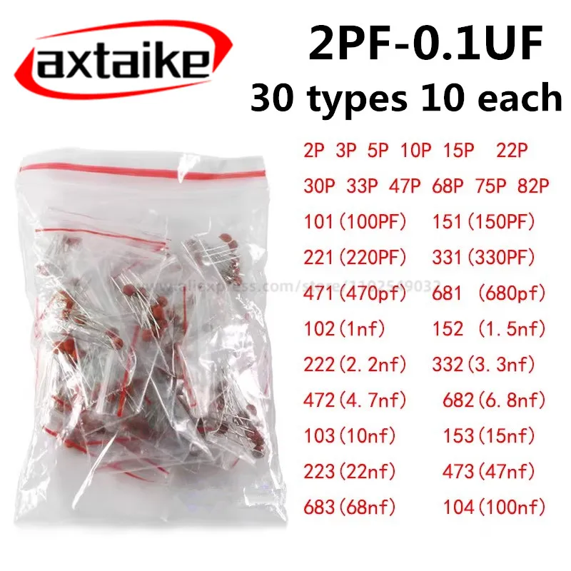 

300pcs/Lot Ceramic Capacitor Set Pack 2PF-0.1UF 30 Values*10pcs Electronic Components Package Capacitor Assorted Kit Samp