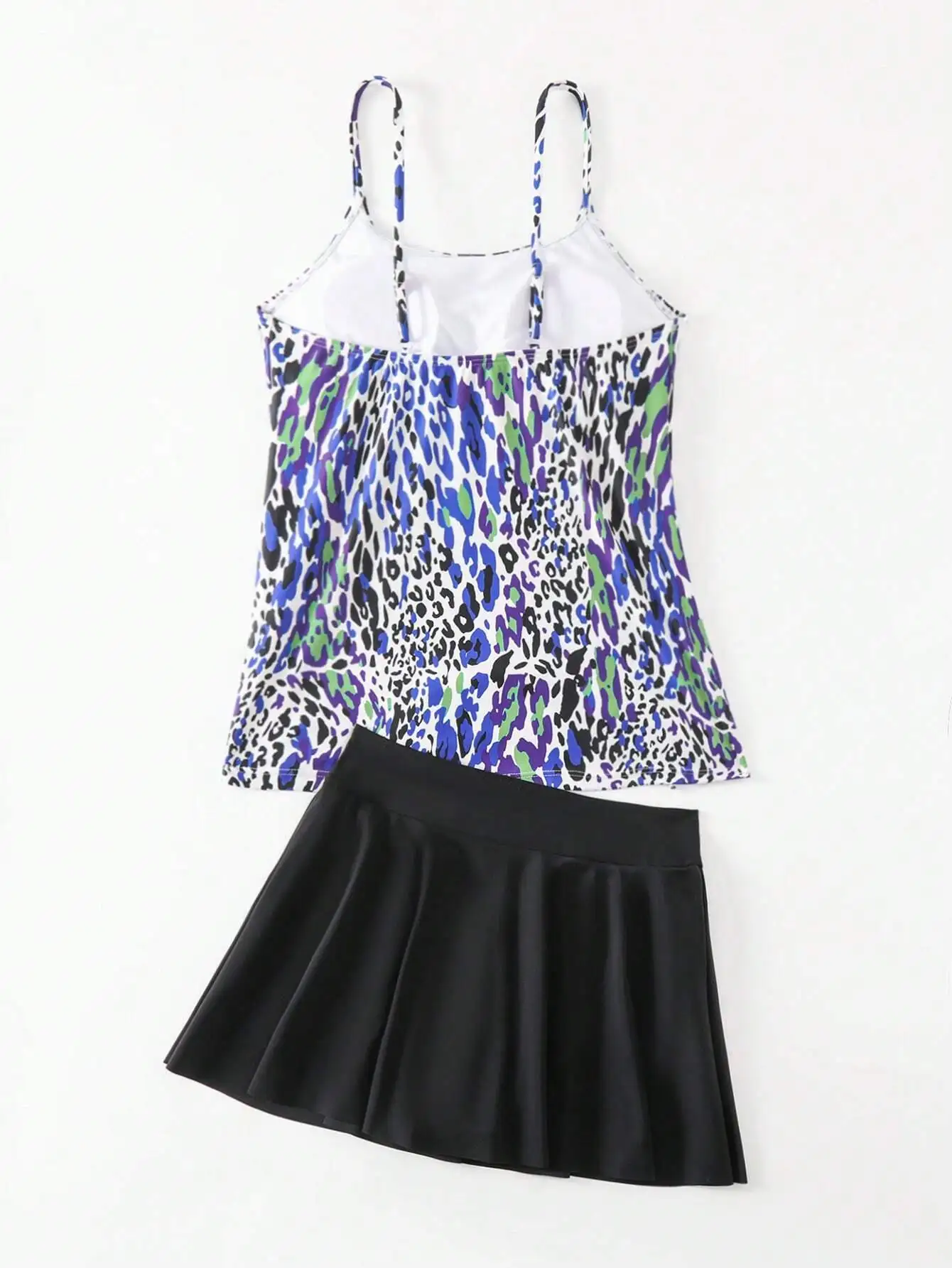 

Women's Leopard Print Cami Top And Solid Black Skirted Tankini Set