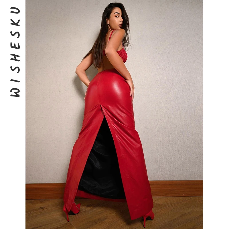 

Women High Waist Slit PU Faux Leather Maxi Skirt Sexy Punk Grunge Hot Red Long Skirts 2024 Spring Fall Night Prom Clothes