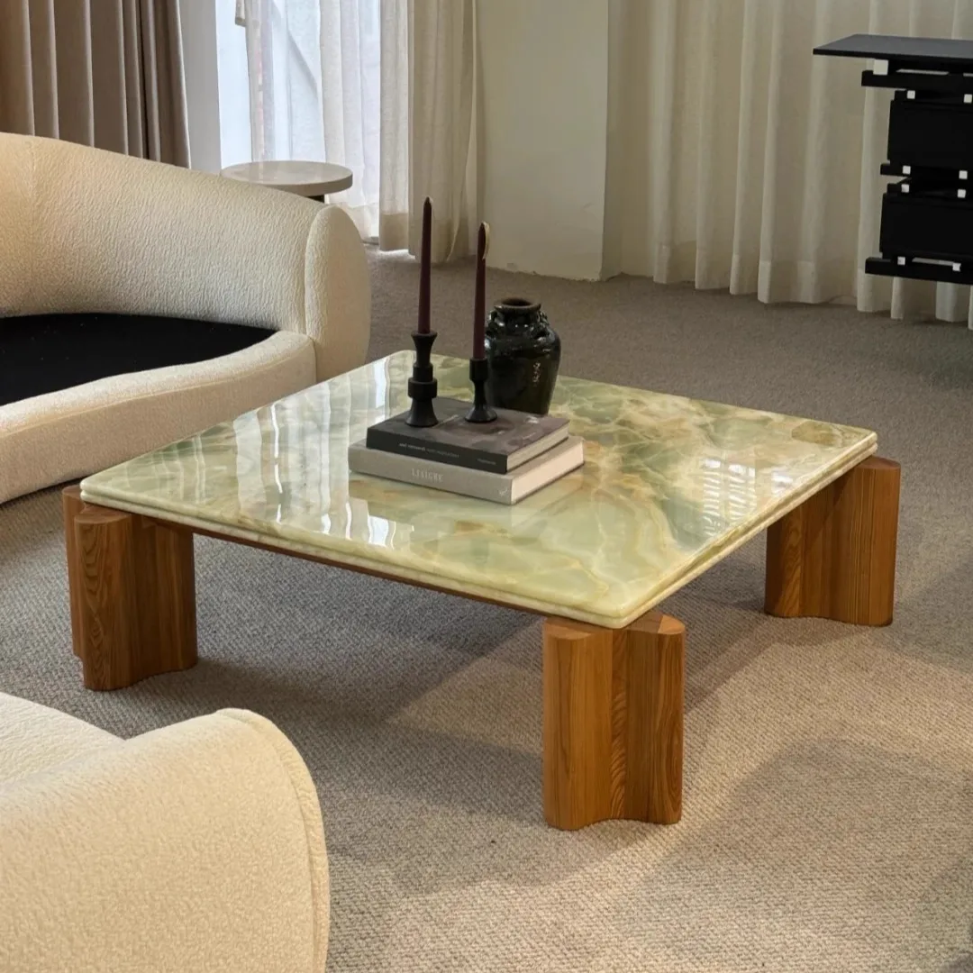 Celadon Green Marble & Solid Wood Square Table, Nordic Wabi-Sabi Minimalist Design, Heat&Scratch Resistant, Artisan, Customize