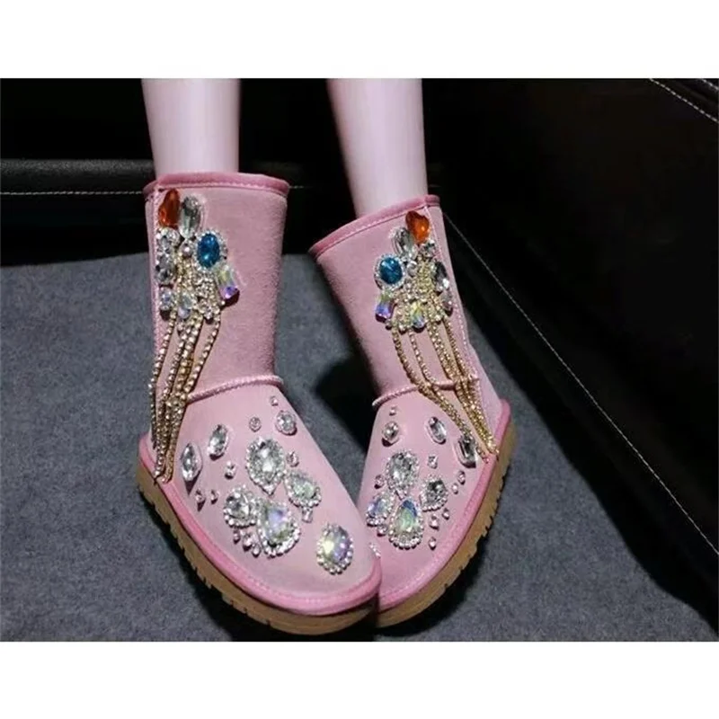 Mid-barrel rhine-drill fringe chain accessories Fur one snow boots party banquet custom women's warm cotton shoes 35-40