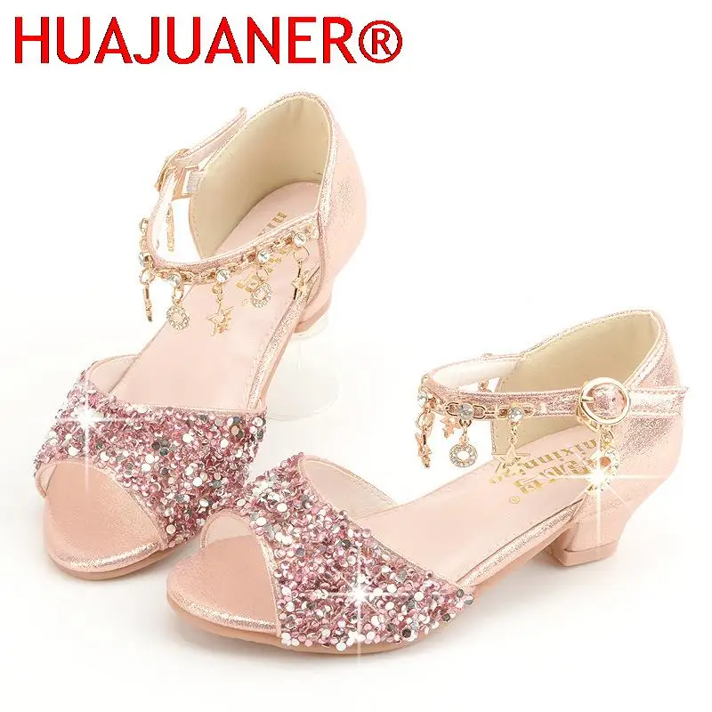 

Princess Kids Leather Shoes for Girls Casual Glitter Children High Heel Girls Shoes gold Pink Silver kids sandals