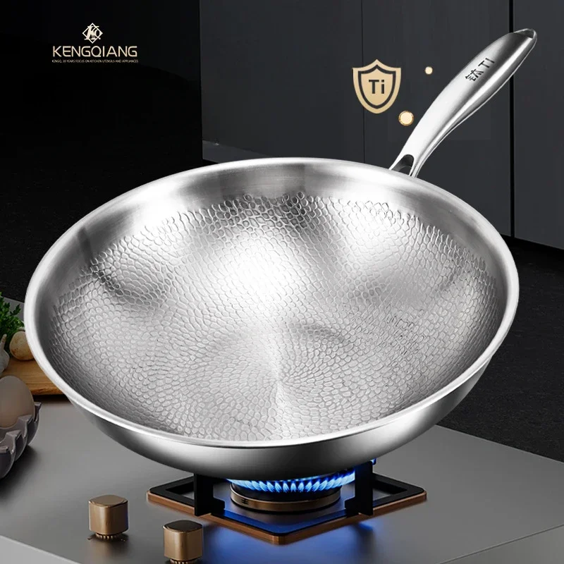 KENGQIANG Pure titanium flat bottomed wok Non coated household scale hammer titanium frying pan cookware cooking pot non stick