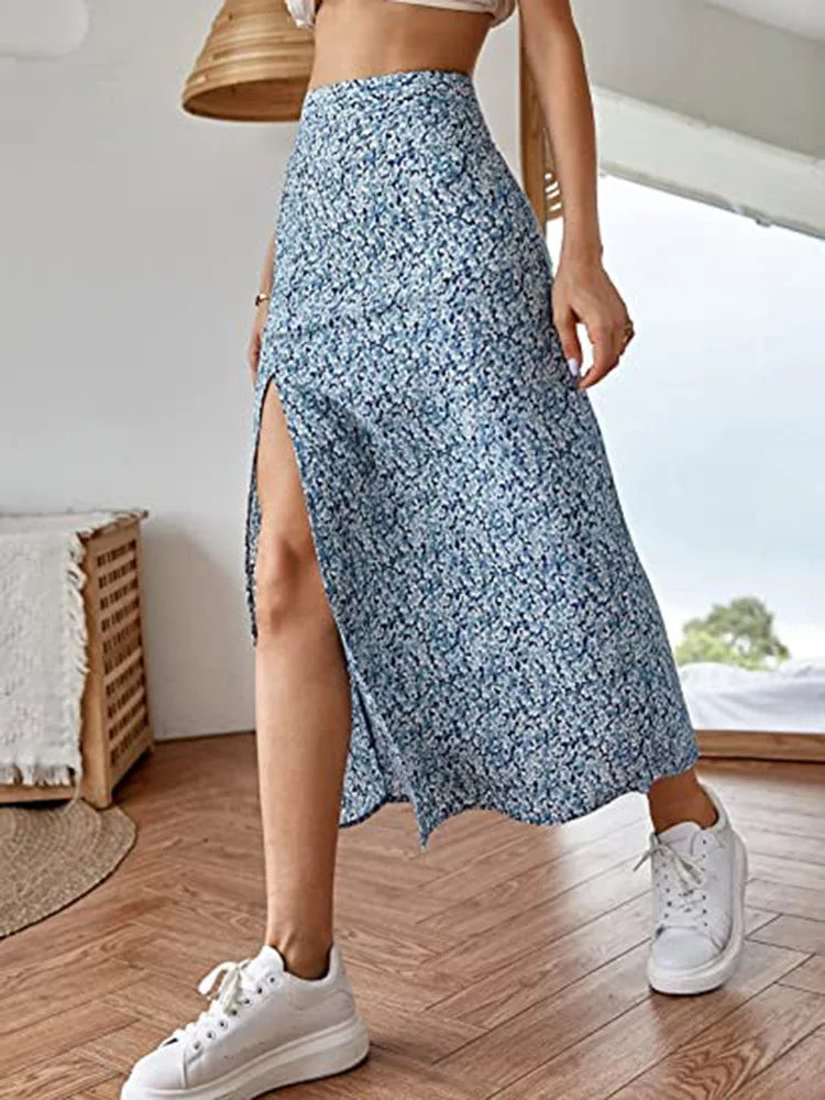 Fragmented floral skirt with split A-line buttocks and mid waist long skirt