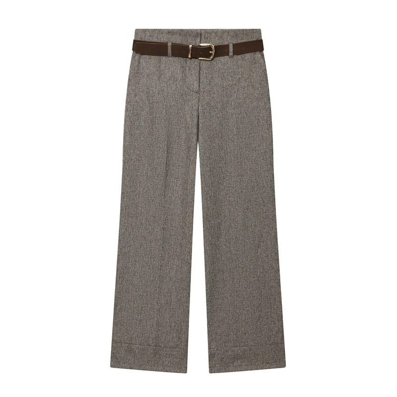 Pantalon femme 2025 automne nouveau Style couleur kaki avec ceinture rayure diagonale Design Simple mode décontractée adapté aux déplacements domicile-travail