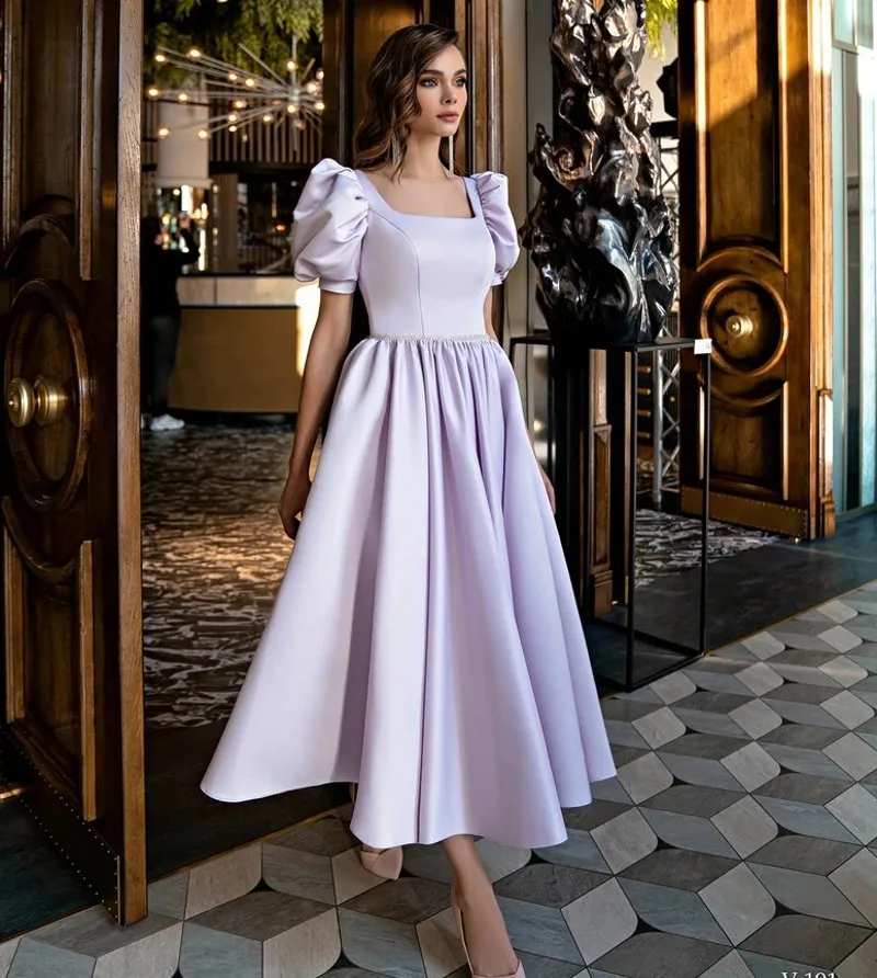 

Elegant Light Purple Ankle Length Prom Dress Square Short Puffy Sleeves Satin Evening Pageant Party Gowns Robe De Soiree