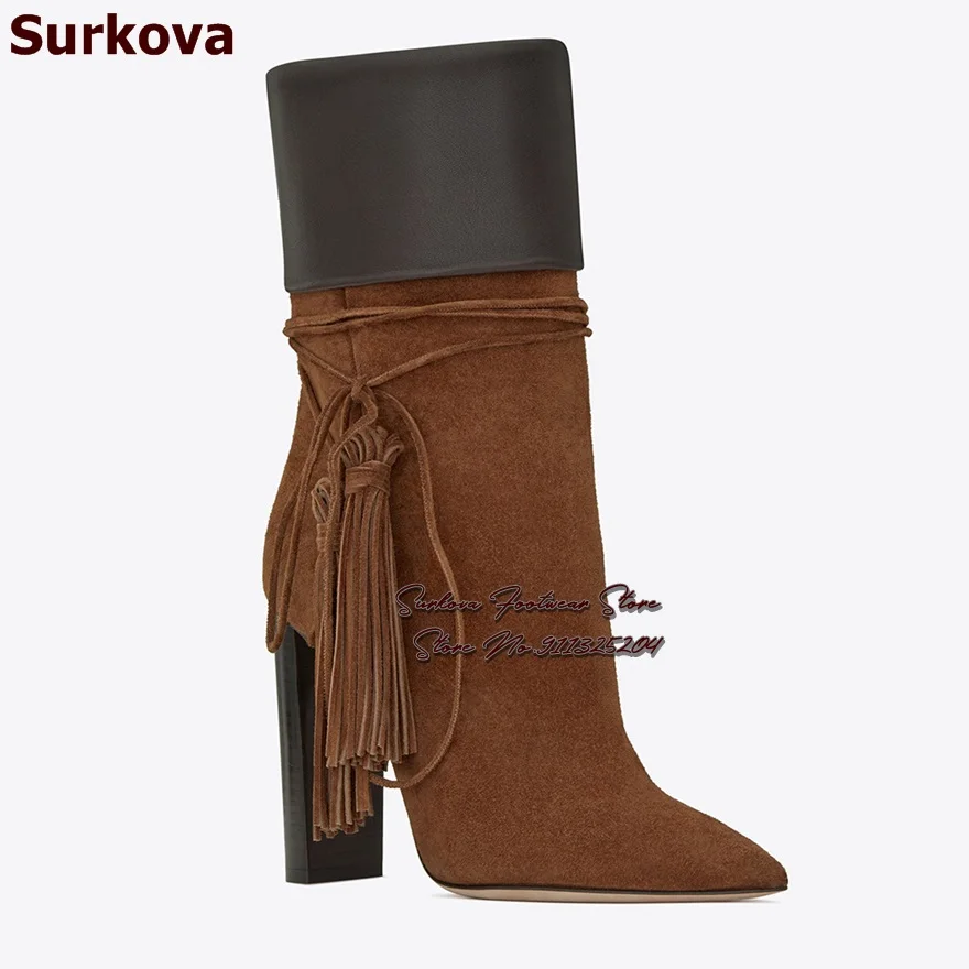 Surkova Black Chunky Heel Coffee Brown Suede Ankle Boots Color Patchwork Folded Fringe Lace-Up Short Booties Tassel Dress Pumps