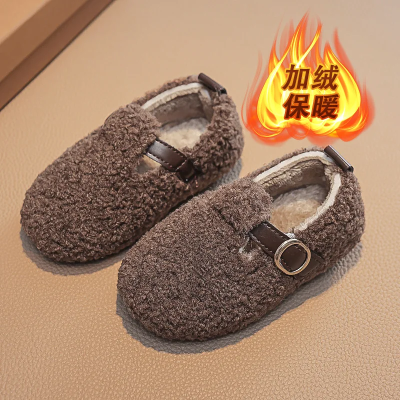 

Leisure Kids Loafers Warm Hook-loop 21-30 Chic Three Colors Boys Girls Shoe Winter Children Flat Shoes Fluffy Buckle Round Toe