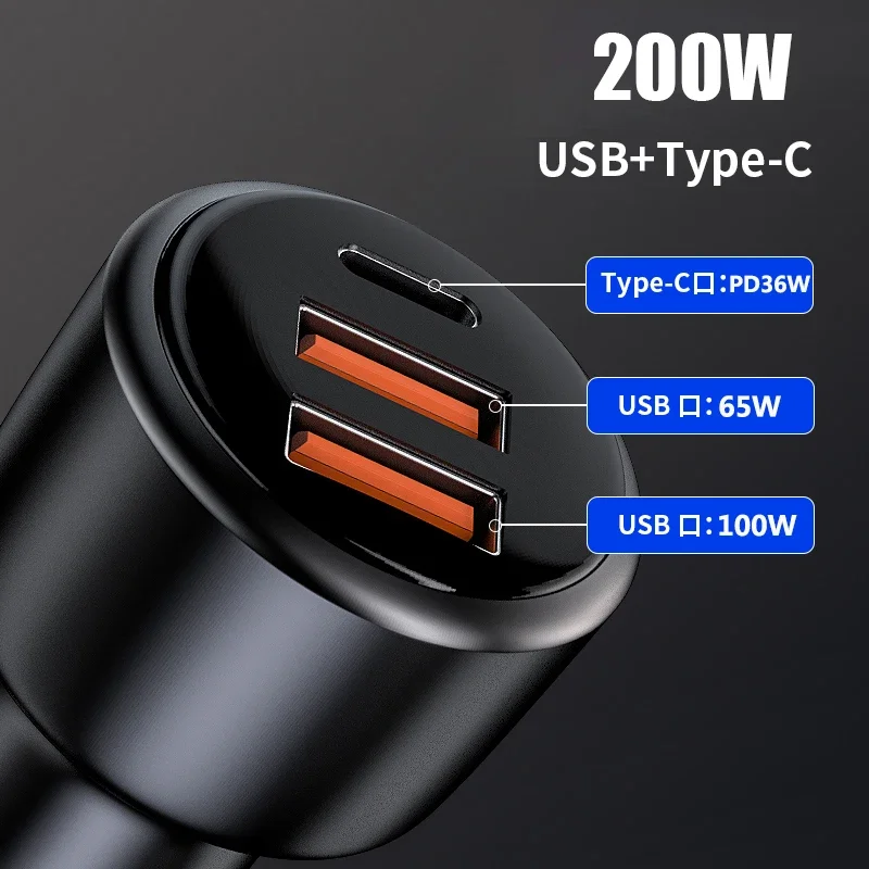 Cargador de coche USB PD de 200W, 3 puertos, carga superrápida 2,0, 100W, 65W, QC3.0, para Honor, Xiaomi, Vivo, Huawei, iPhone 14, 13Pro