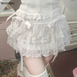 White Sweet Lolita Cake Skirt Women Harajuku Kawaii Bow Lace Mesh Mini Skirts Female Japanese Cute Y2k Ruffle Short Skirt Summer