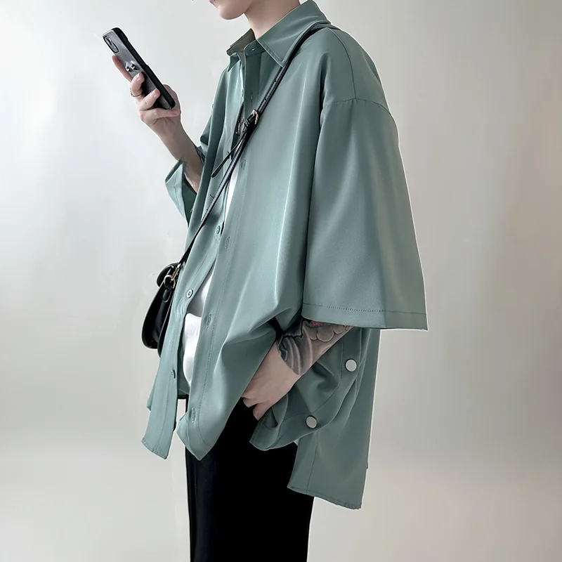

Loose Fit Ice Silk ort Sve irt Men's Summer Oversize Cool Feeling Button up Sun Protection Youth Faion Thin Material