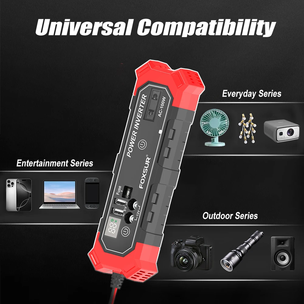 FOXSUR Pure Sine Wave Inverter 100W Car Charger With Dual USB Charging Port DC 12V to 230V AC Cigarette Lighter / Clip Adapter