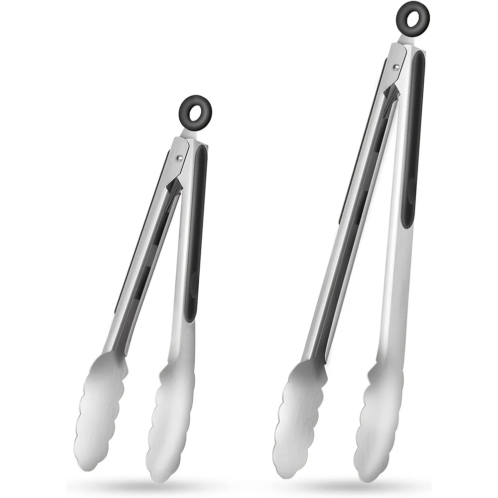

2PCS Stainless Steel Kitchen Tongs with Non-slip Silicone Grip - Lockable & Heat-Resistant for BBQ, Cooking, and Serving - 9 & 1