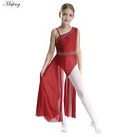 Girls Lyrical Dance Leotard Dress Glittery Rhinestones Modern Dancewear Asymmetrical Shoulder Sleeveless Sheer Mesh Dance Dress