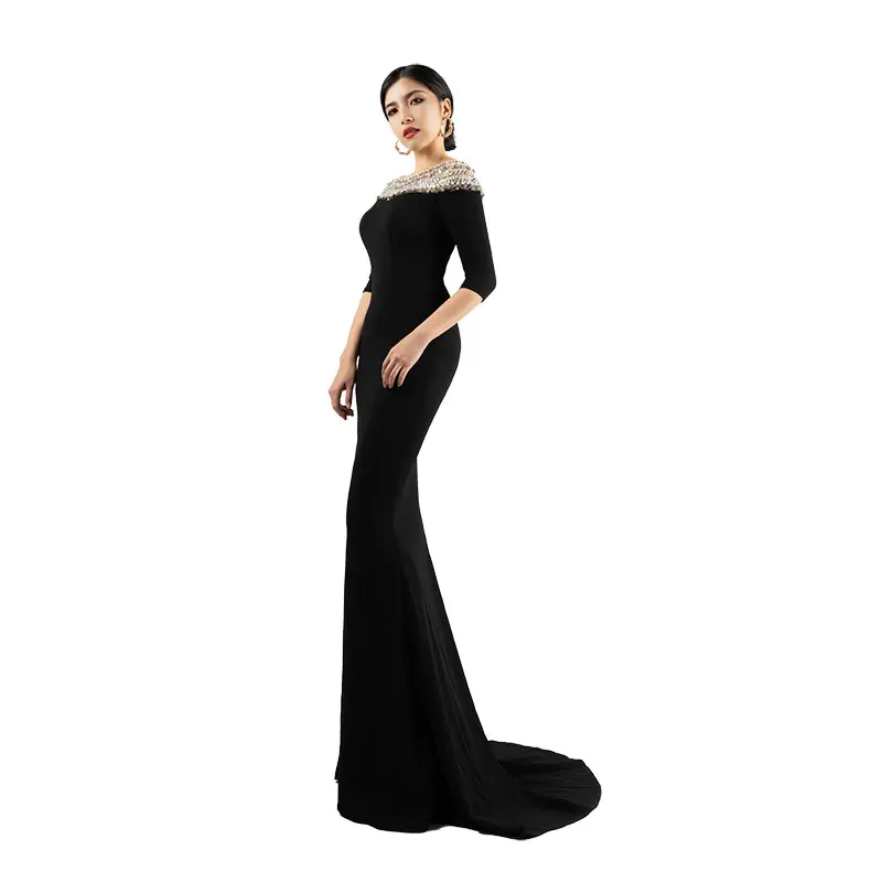 Black Evening Dress One Shoulder Handmade Nail Beads Shoulder Collar Minimalist Style Middle Sleeve Slim Fit Hip Wrapping FF6