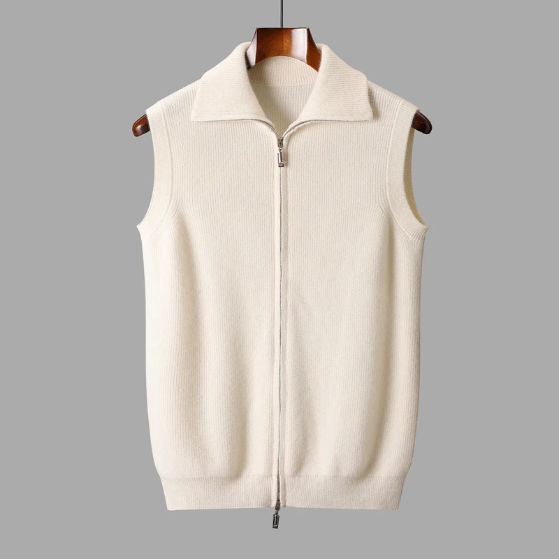 

Роскошный мужской 100% вязаный жилет из козьего кашемира с воротником-поло, кардиган без рукавов на молнии, осенне-зимний дышащий свитер, жилет, топы