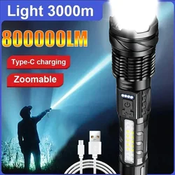 High Strong Power Led Flashlights Tactical Emergency Spotlights Telescopic Zoom Built-in Battery USB Rechargeable Camping Torch