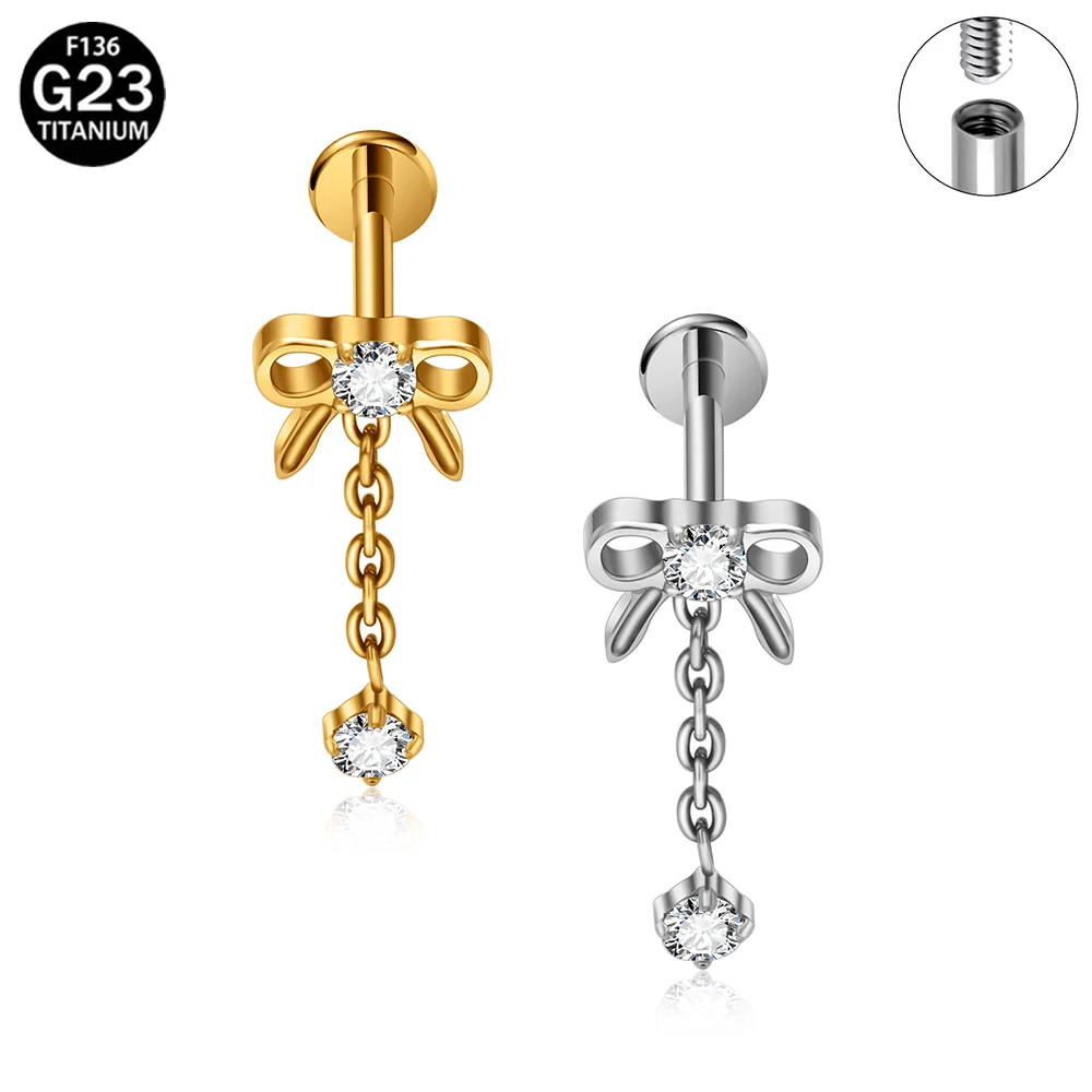 

ASTM F136 Titanium 16G Labret Bow Pendant Teardrop Dangle Stud Waterdrop Tragus Cartilage Earring Flatback Helix Piercing Septum