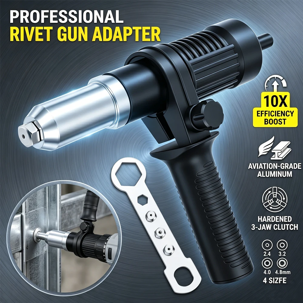 

10X Efficiency Electric Rivet Gun Adapter Professional Aluminum Alloy Riveter Tool Cordless Drill Attachment Kit with 4 Sizes