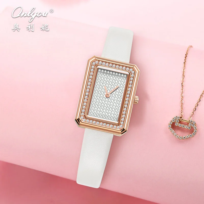 

ONLYOU Rectangular Women's Watch | Stylish Luxury Leather Strap Watch with Rhinestone Decoration | Elegant Women's Dress Watch
