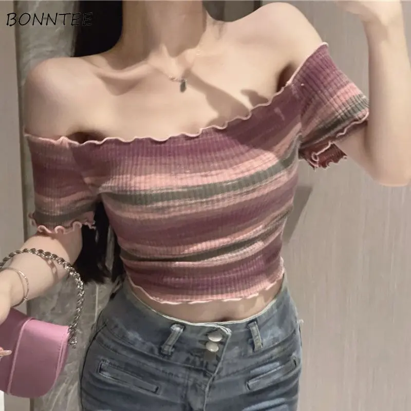 

Slash Neck T-shirts Women Slim Crop Tops Hotsweet Vintage Striped Chic Designed New Summer Knit Streetwear Korean Stylish OOTD