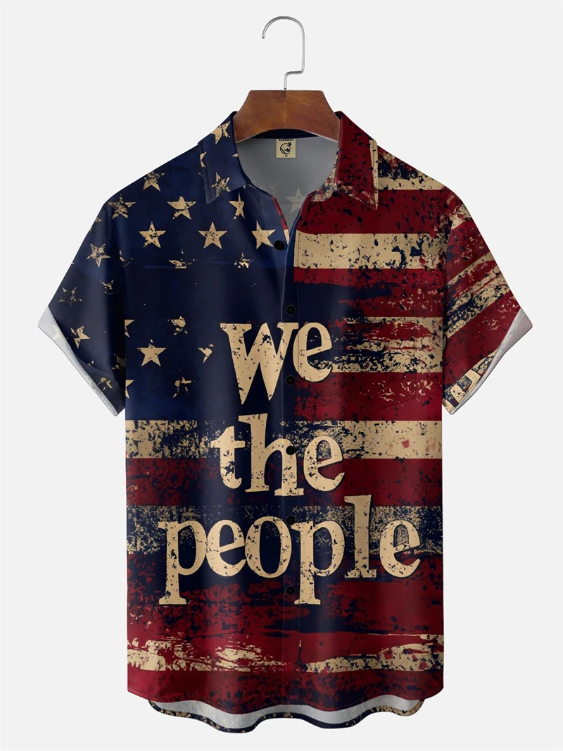 

Мужская гавайская рубашка с принтом орла и флага США, повседневная, с коротким рукавом, на пуговицах, для лета, пляжа, к 250-летию, рубашка-блузка