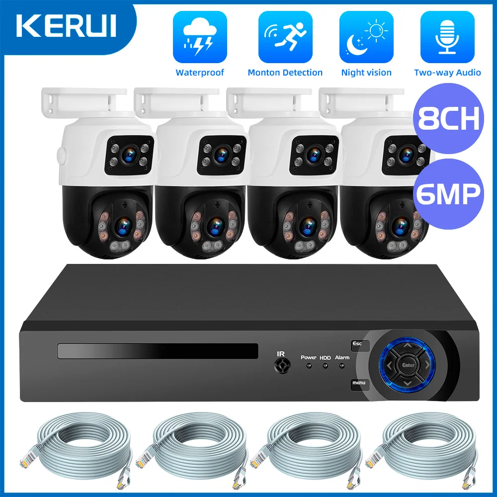 KERUI Waterproof 6MP HD POE Surveillance Camera System Dual Lens PTZ WIFI IP Home Security 4CH 8CH POE NVR Video H.265 CCTV Kit