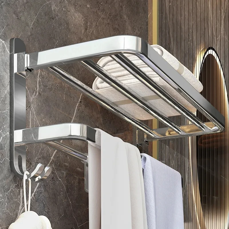 Stainless Steel Towel Rack Foldable Punching Free Bath Towel Shelf With Hooks Home Kitchen Bathroom Supplies Storage Holder