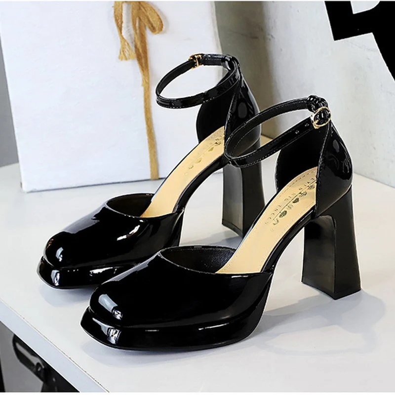 BIGTREE الربيع براءات الاختراع والجلود المرأة مضخات الصنادل منصة مكتنزة الكعوب الكاحل زر أحذية أنيقة Zapatillas De Mujer