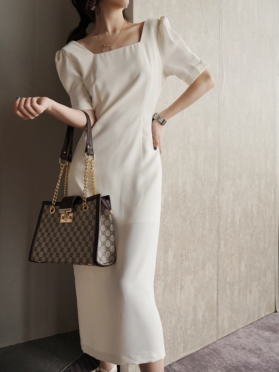 

Ele Warmo Square Ne Long Dr Sexy Clavicle High Waist Women's Dr Bubble Sve A-Line Summer Dr