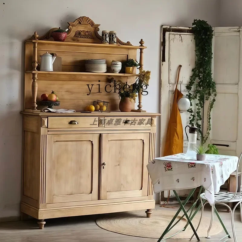 HXL Solid Wood Carved Vintage Style Natural Wood Color Home Dining Sideboard Classical Display Wine Cabinet