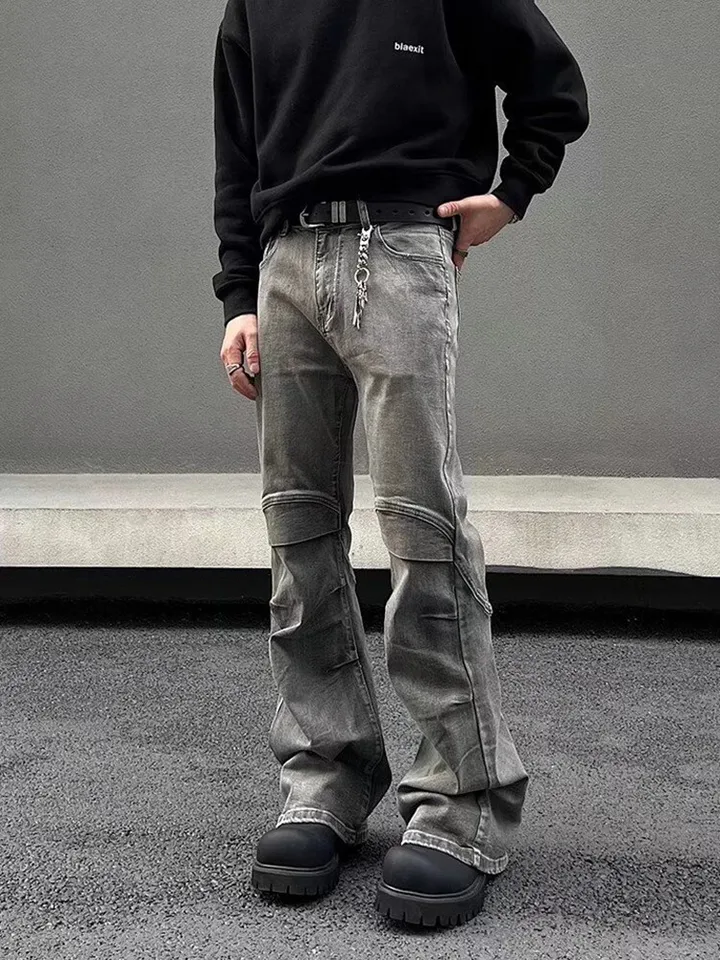 2024 Ropa Y2K Streetwear Vintage Grey Pleated Flare Jeans Pants