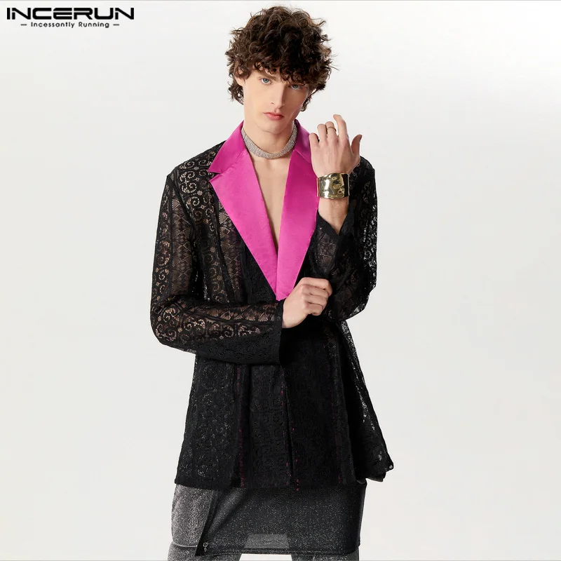 

INCERUN Tops 2024 American Style Fashion New Men Splicing Lace Design Shirts Sexy Perspective Long Sleeved Cardigan Blouse S-5XL