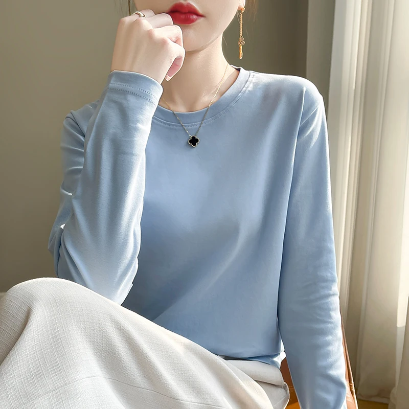 Mercerized cotton long-sleeved T-shirt Spring and Autumn new round neck cotton bottoming shirt loose foreign style Xinjiang cott