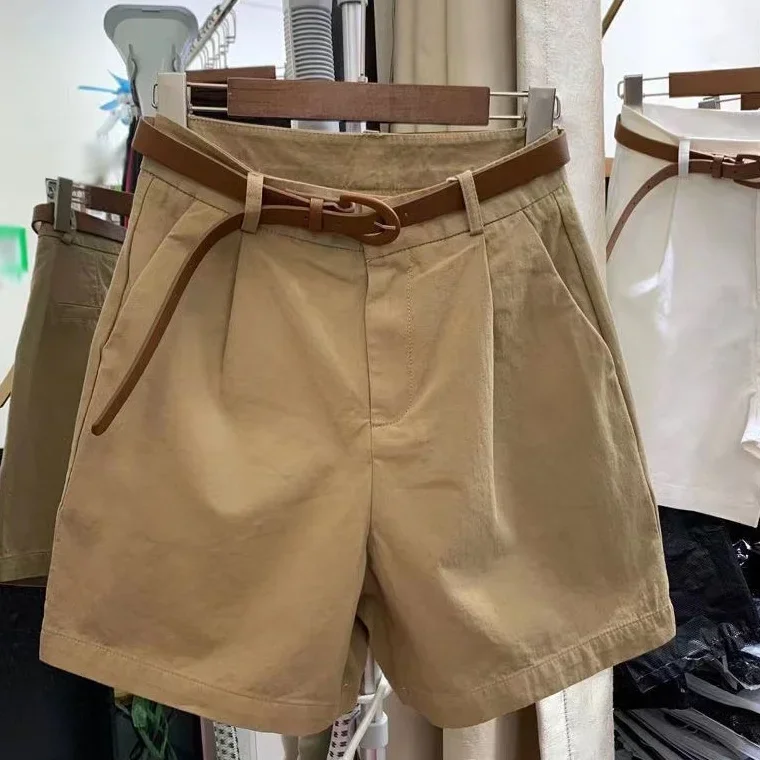 

Cotton Khaki Workwear Shorts Women's Summer Outerwear New Loose High Waist A- Line Cropped Wide Leg Shorts Female C13