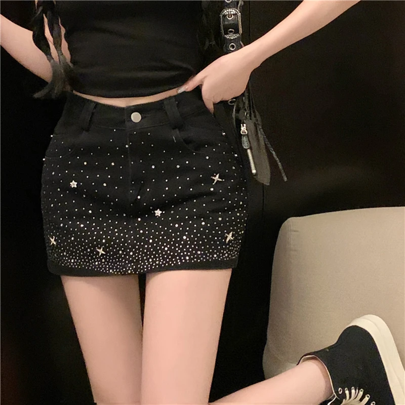 Fashion Y2k Bling Denim Mini Skirts Women Summer Sexy Girl Hot Drilling Diamonds High Waist Slim Jeans Short Skirt Skinny Pencil