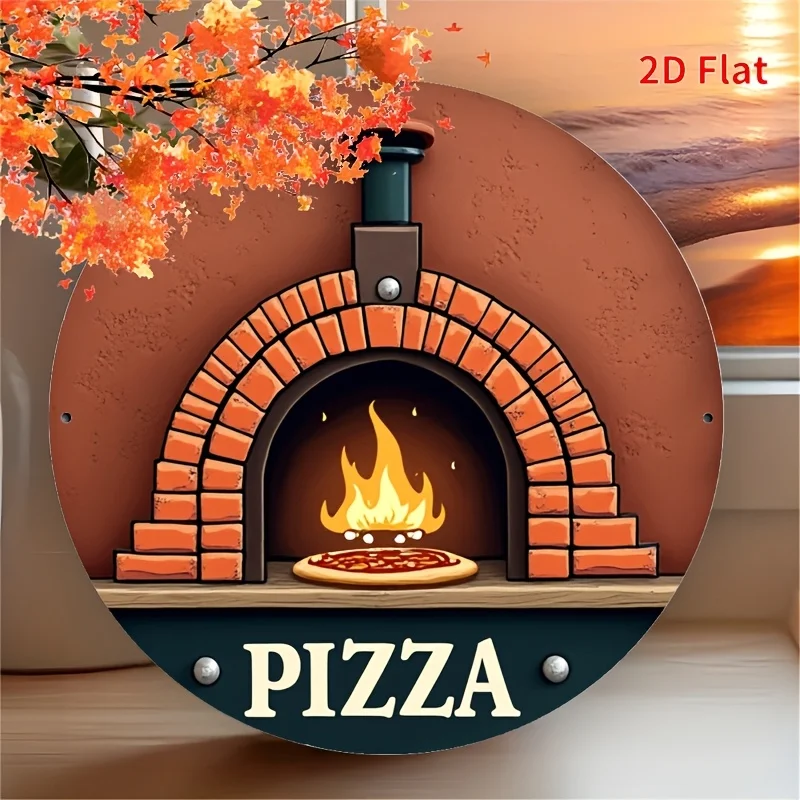 Vintage Italienische Pizzeria Wanddekoration, 2D Flaches Rundes Pizza- & Flammen-Aluminiumschild, Leichtes Retro Café Restaurant Kunstgeschenk