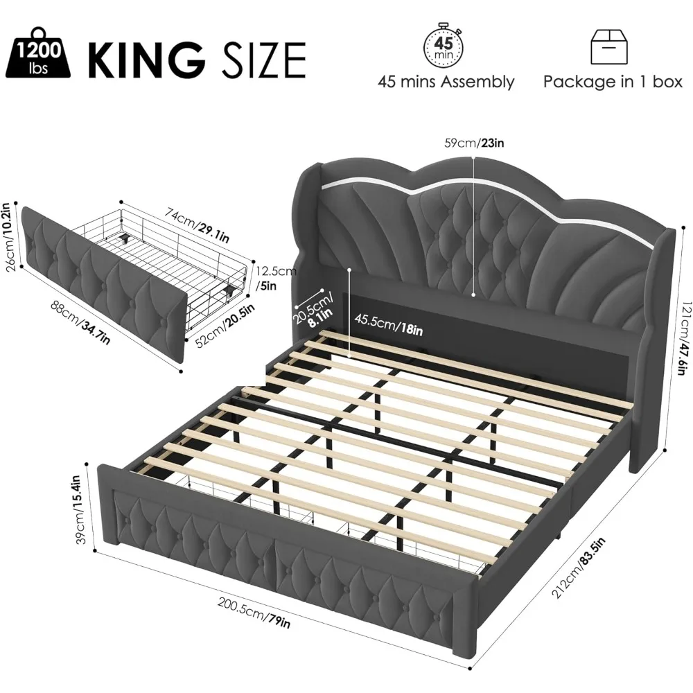 King Bed Frame Arc-Shaped LED Lights and 47.2